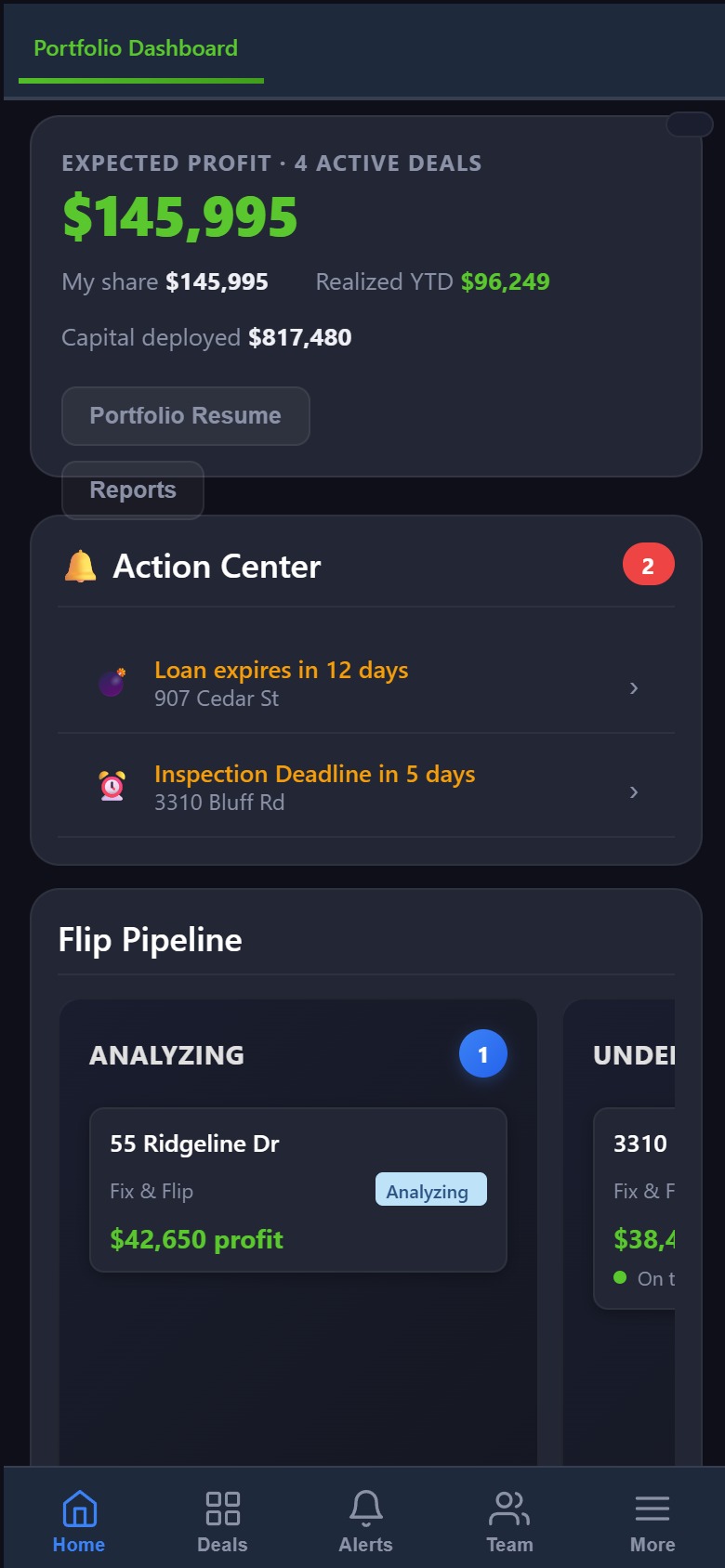 theFLIP running on a phone, showing expected profit, an action center of contractor draw requests, and a bottom navigation bar.