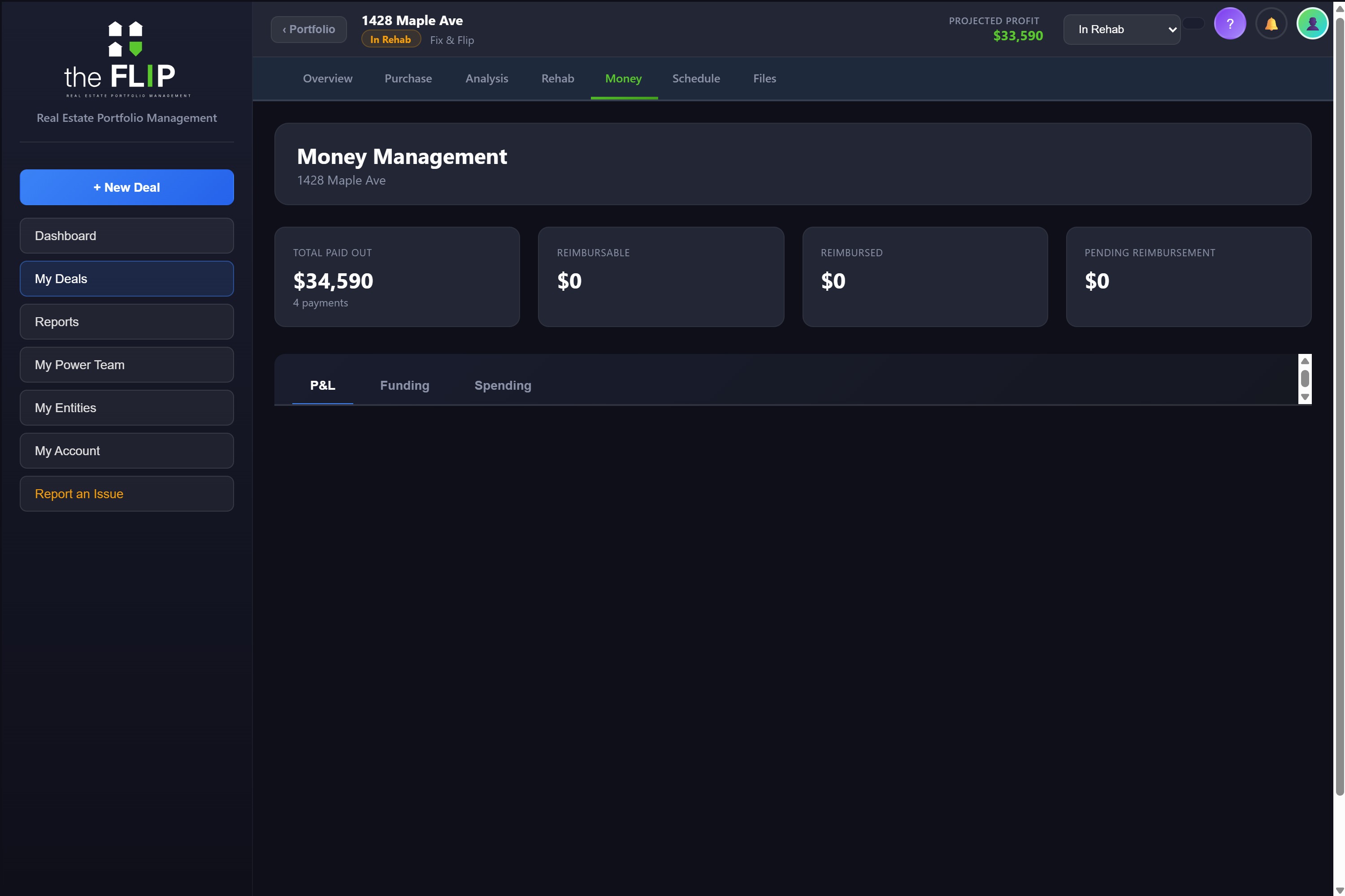 Money management screen showing total paid out and reimbursable totals above a merged spending ledger with contractor draws, a Home Depot receipt, insurance, and a loan interest payment.